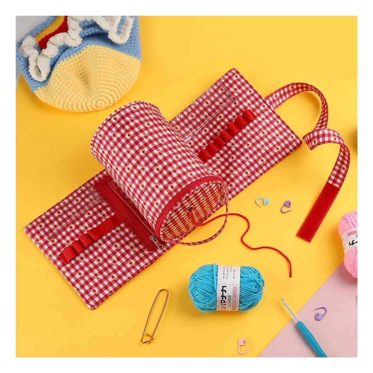 Fashine - Bolsa de almacenamiento de hilo pequeña portátil, bolsas de lana de punto, bolsas plegables para herramientas de costura, accesorios (borgoña)
