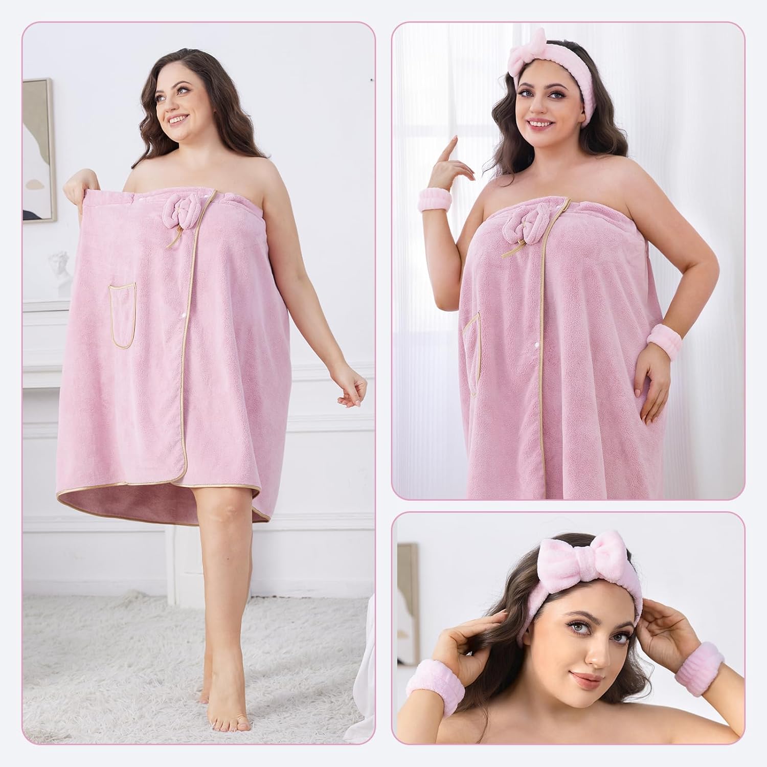 Plus Size Women’s Towel Wrap, Size of 80CM X 160CM, Adjustable Body Wrap Towel and Hair Drying Towel for Women, Quick Dry Coral Fleece, Use for Women to Spa, Shower, Bath and Gym. Pink Color.
