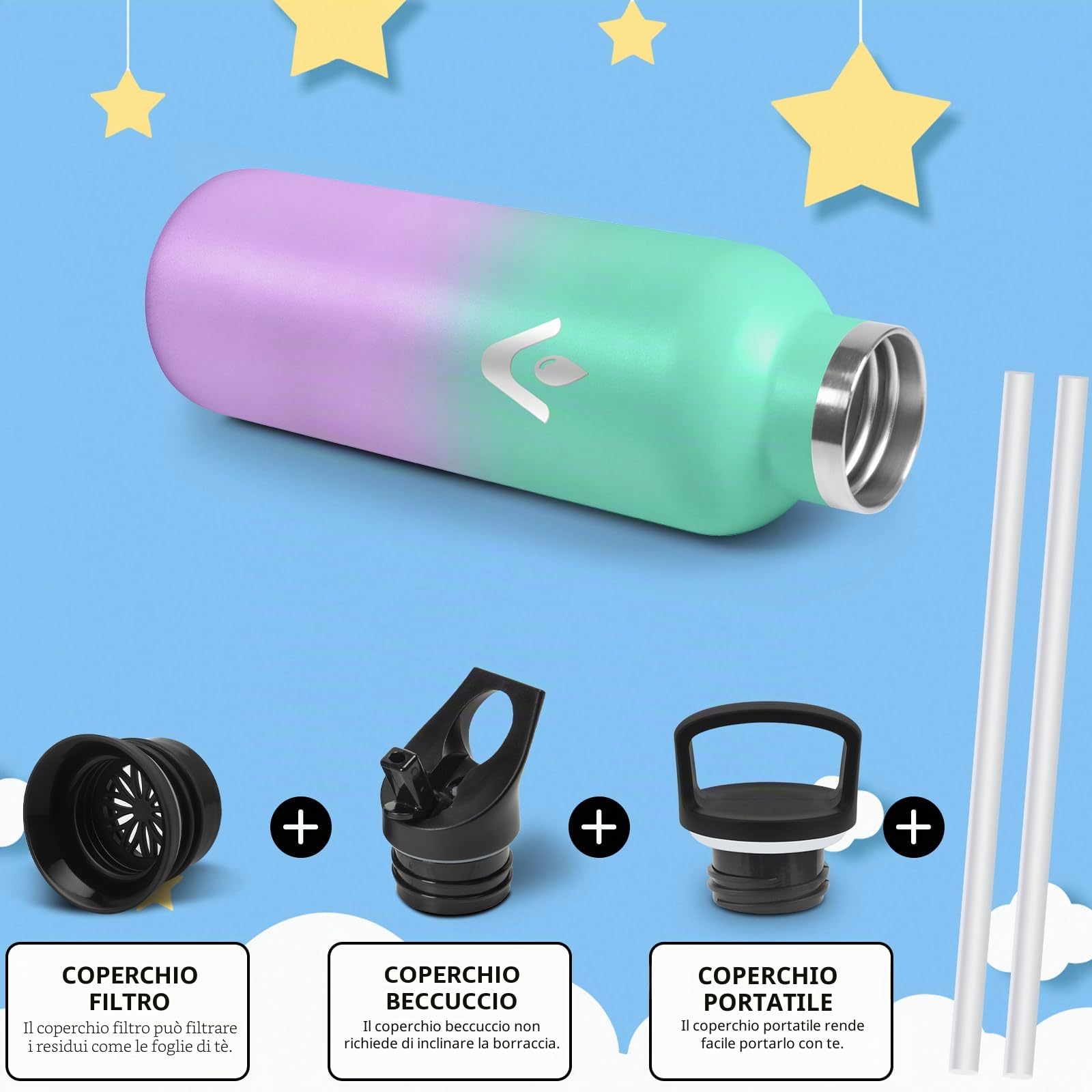 Motswedi Borraccia Termica Bambini, 500ml Con 2 Tappi, Borraccia con Cannuccia, Doppia Parete, Bottiglia Termica, A Prova di Perdite, Bottiglia acqua Per Scuola, Campeggio, Palestra, Verde-Viola