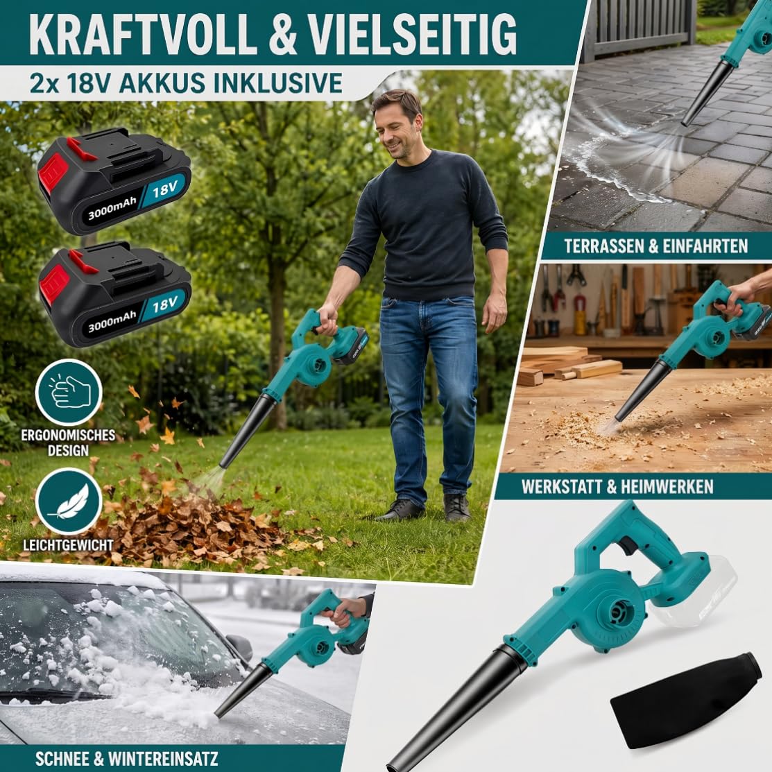 Akku Laubbläser 500W mit 2X 3000mAh Akku und Ladegerät, 210 km/h 3-in-1 Laubbläser & Laubsauger, 32000 U/min Stufenlose Geschwindigkeit, Kompatibel mit Makita-Akku, für Garten Hof Terrasse Auto