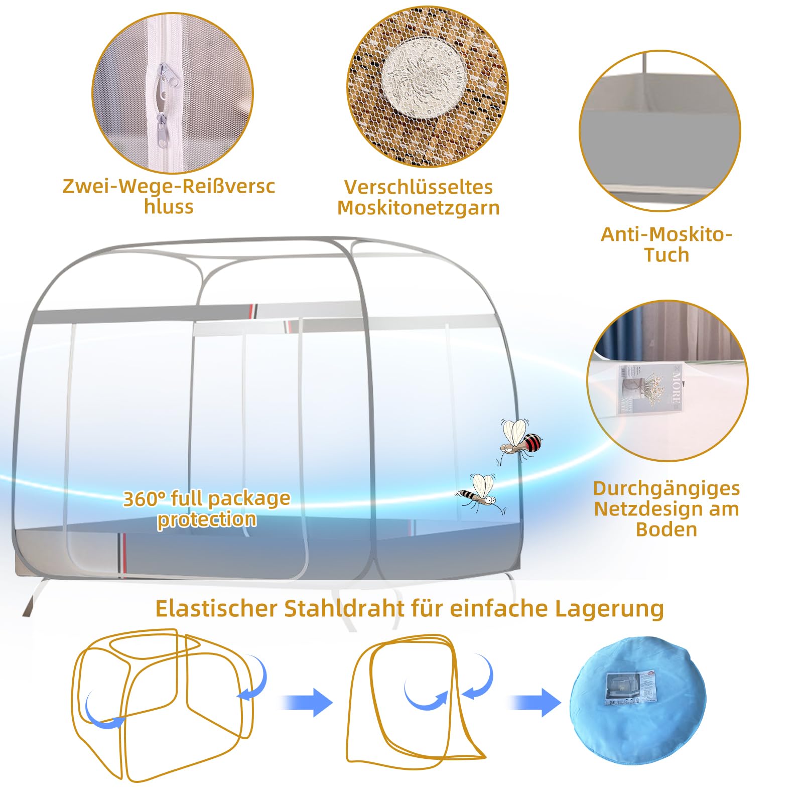 Rete pop-up per zanzare, baldacchino, pieghevole, tenda da letto, rete di grandi dimensioni anti zanzare, tenda da campeggio con fondo per pavimento del letto, campeggio, viaggi, facile da montare,