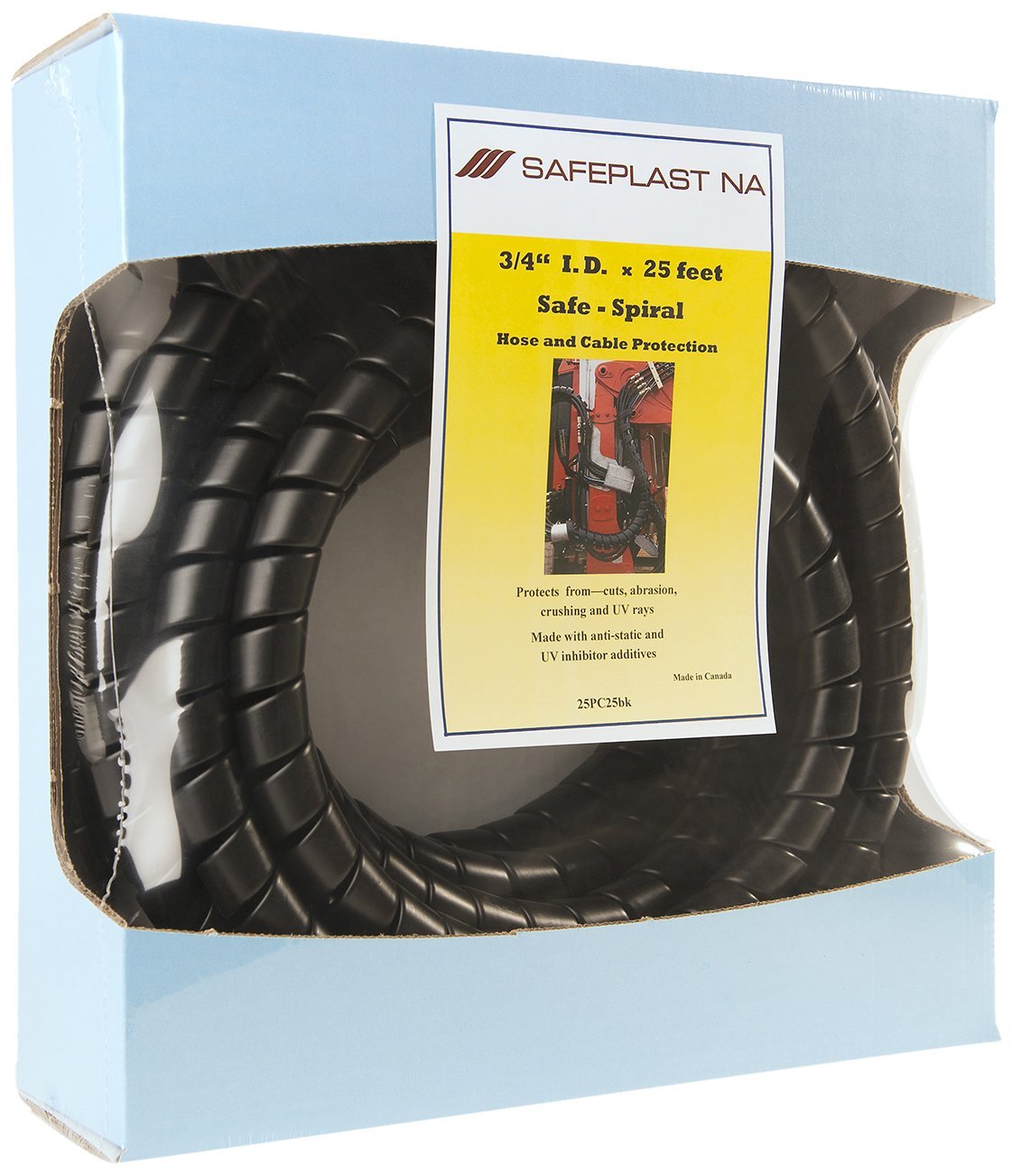 Caplugs SPPC Series – Safeplast Safe-Spiral Pre-Cut Spiral Wrap, Hose & Cable Protector, Black HD-PE, 0.75" OD x Six 25' Pre-Cut Lengths (Total Length 150'), Hydraulic & Pneumatic Hoses (25PC25bk)