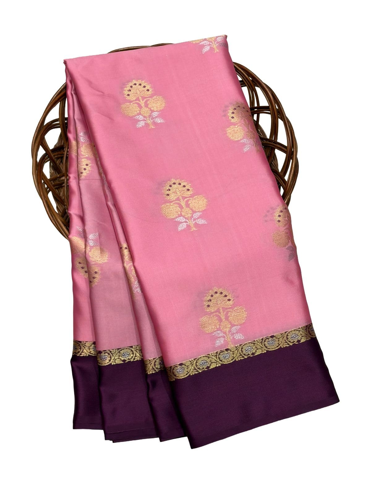 Pink Silk Saree with Gold Floral Buti Motifs, Dark Purple Border, Zari Woven Design-image-0