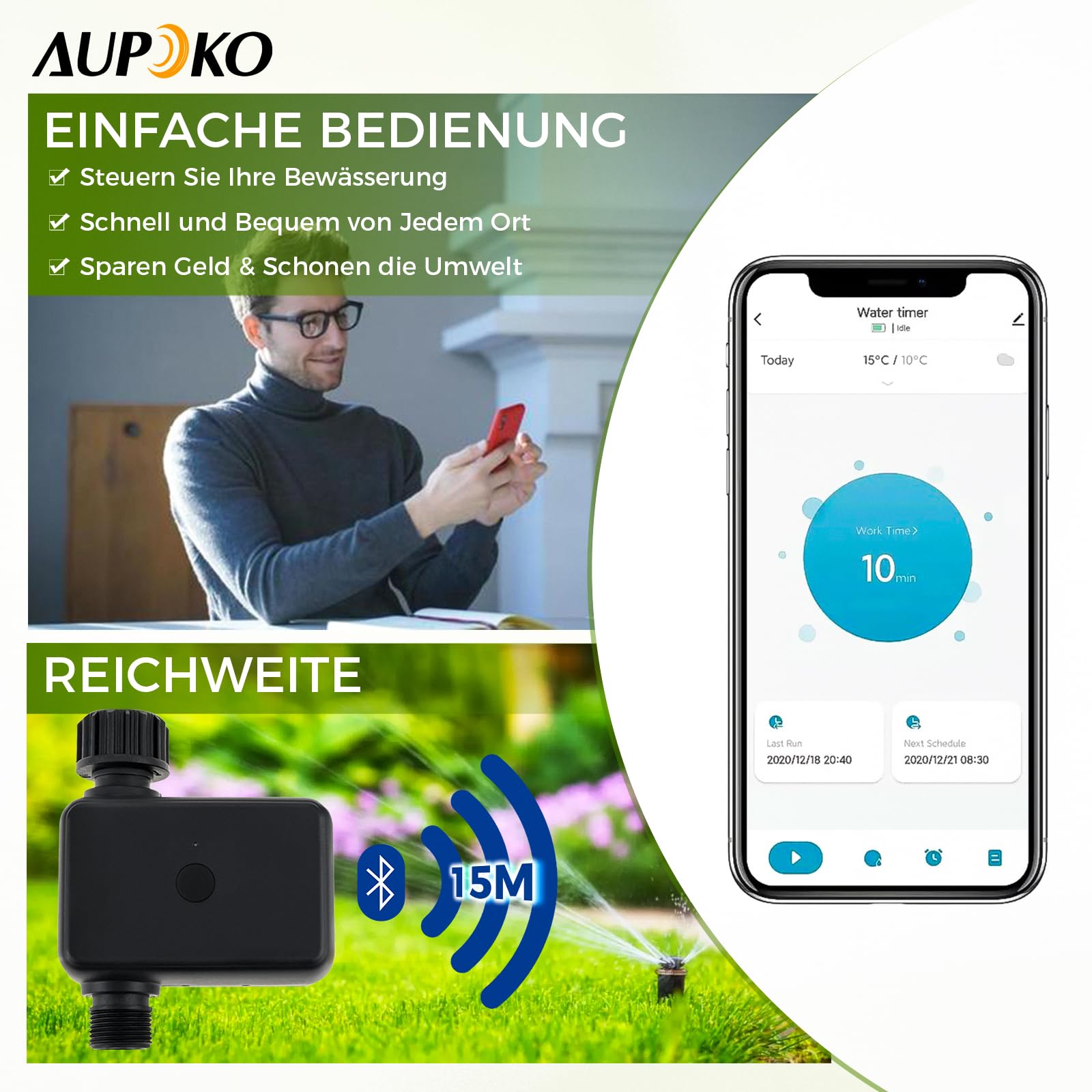 Aupoko Smart Bewässerungsuhr mit Bluetooth & App Steuerung – Bewässerungscomputer mit IP55 Schutz, 2 Bewässerungsmodi, Regenverzögerung für Garten, Landwirtschaft & öffentliche Grünflächen