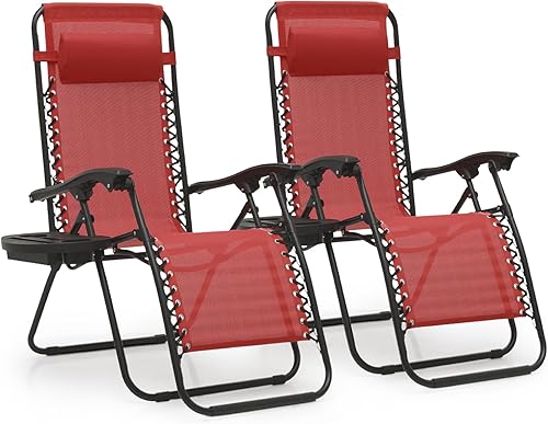 MoNiBloom Sillón plegable de playa, paquete de 2, tumbona con almohada y soporte para tazas, reclinable portátil para patio exterior para vacaciones