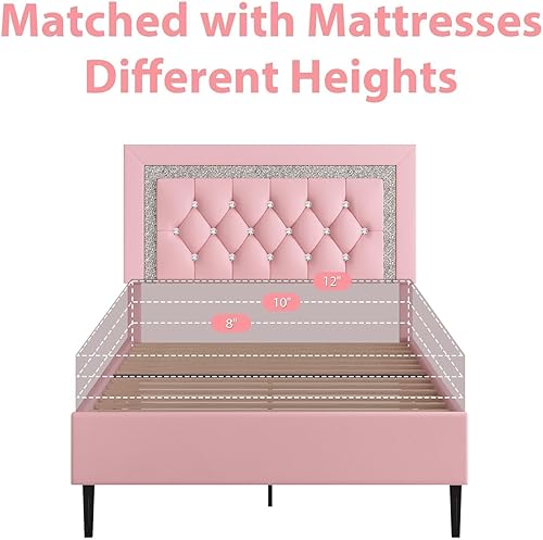 Miniatura 40 de BarnFurin Base de cama tamaño matrimonial con cabecera de botones copetudos, plataforma tapizada con diseño de diamante, soporte de listones de