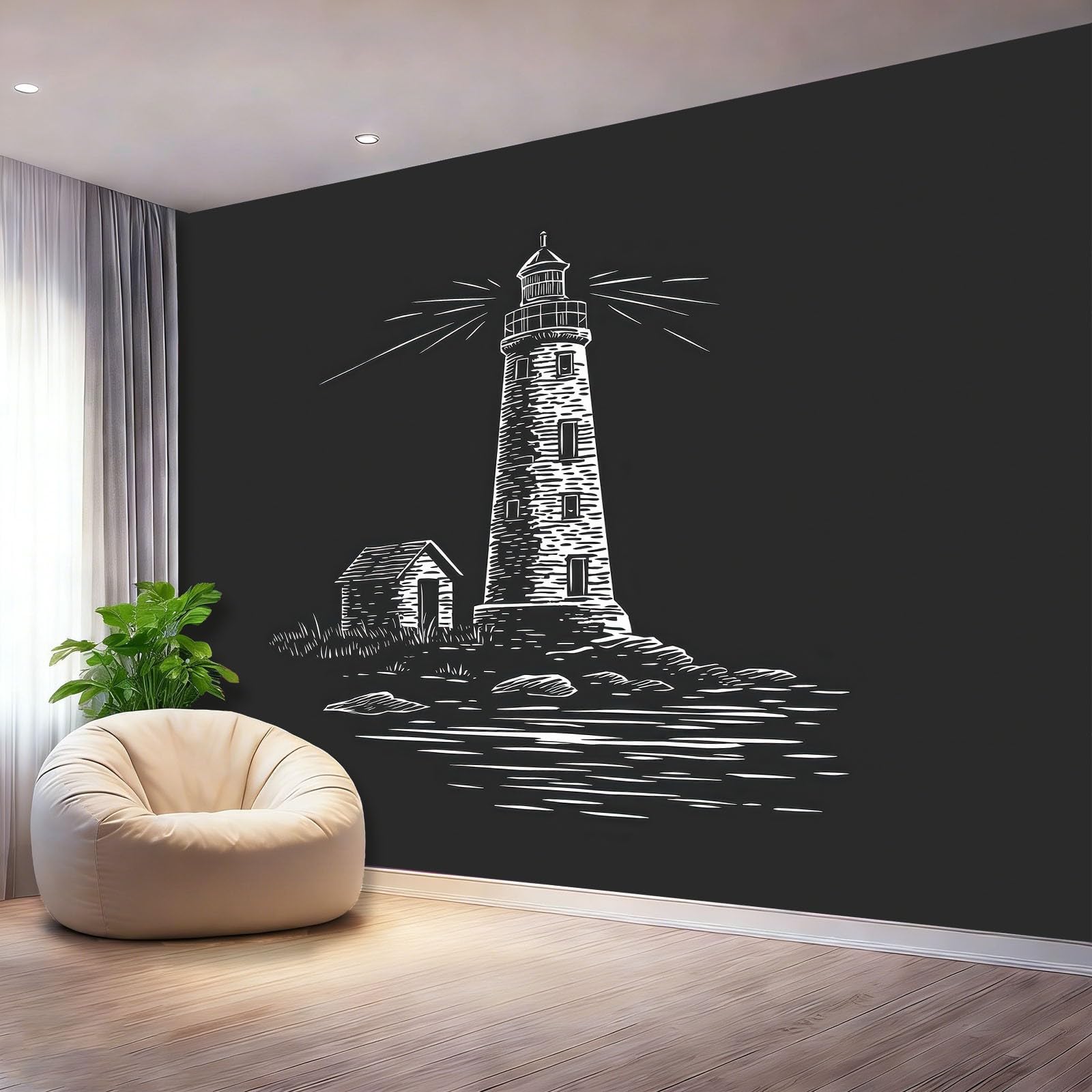 Fototapeta Malarstwo atramentowe domek latarnia morska fotografia ścienna do sypialni pokoju dziecięcego, 300 x 210 cm tapeta artystyczna, czarna