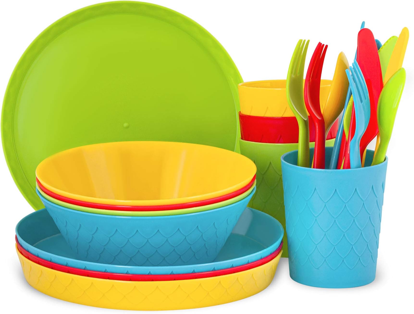 Kids Plastic Dinnerware Set of 24 Piece - Includes 4 Kids Plates and Bowls & Cups with Utensils Brightly Colored for Toddler & Kids - Kids Dishes Dishwasher/Microwave Safe Reusable BPA Free