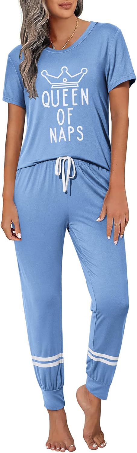 Ekouaer Womens Pajamas Set 2 Piece Lounge Pj Set Short Sleeve Sleepwear Tops with Joggers Pants Loungewear Print Nightwear