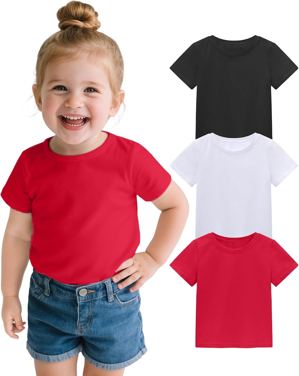 3 Pack Toddler Girls Short Sleeve Shirts Soft Cotton Basic Tee Shirt Size 18M-5T