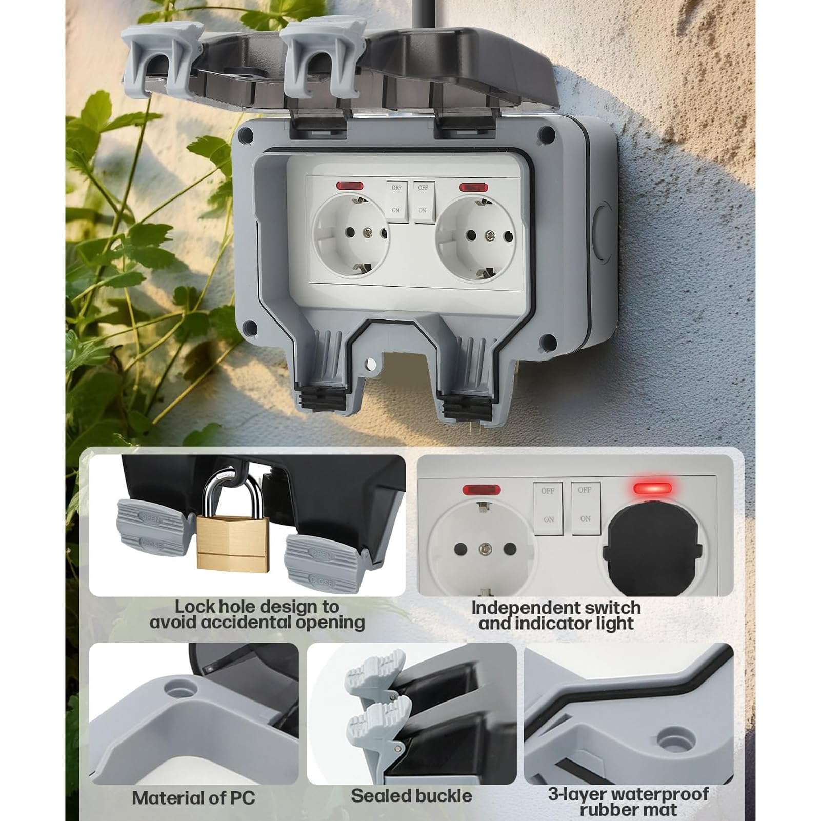 Topiky Presa di Corrente Esterna Presa Elettrica a Parete IP66 Resistente Alla Pioggia con Interruttore Indipendente e Indicatore Luminoso per Garage, Patio da Giardino (5 metri)