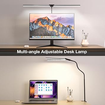 Hensam LED Desk Lamp for Office,Double Head Desk Light with Clamp,Eye-Caring Monitor Light Bar 5 Color Modes,Touch Control Table Lamp for Study,Bedroom,Work,Task,Reading,Power Adapter,12W,1400 Lumen [Energy Class F]