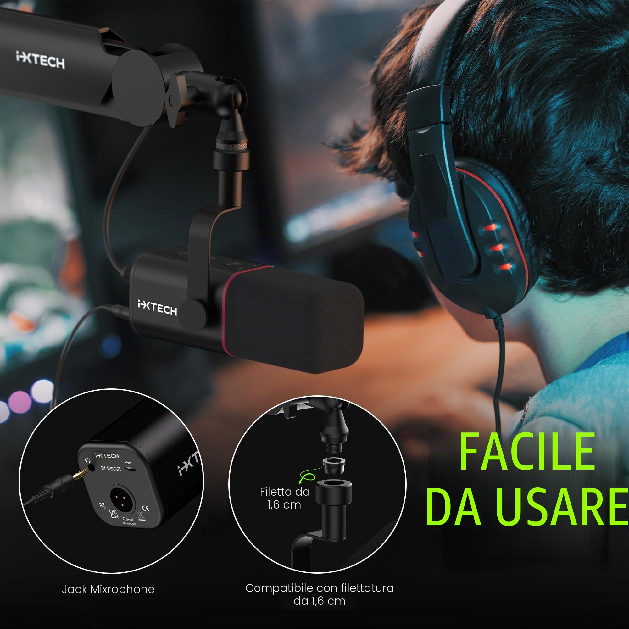 IXTECH Microfono dinamico cardioide con copertura per microfono, microfono vocale USB XLR per podcasting, streaming, registrazione, gioco e voice-over (nero)