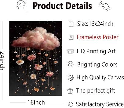 Pink Abstract Cloudy Wall Art Dark Academia Flower Print Abstract Sky Painting Rain Flower Poster Vintage Sky Black and White Wall Art Dark Rain Cloud Painting Moody Botanical Print 16x24in No Frame