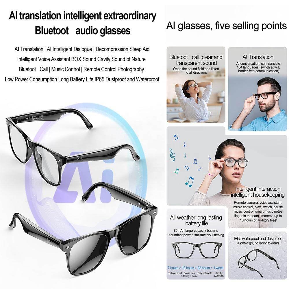 Occhiali Intelligenti con Intelligenza Artificiale, Traduzione Vocale E Video in Tempo Reale (134 Lingue), Controllo Tramite App, Impermeabili Ip65, Occhiali da Sole Bluetooth HD,B