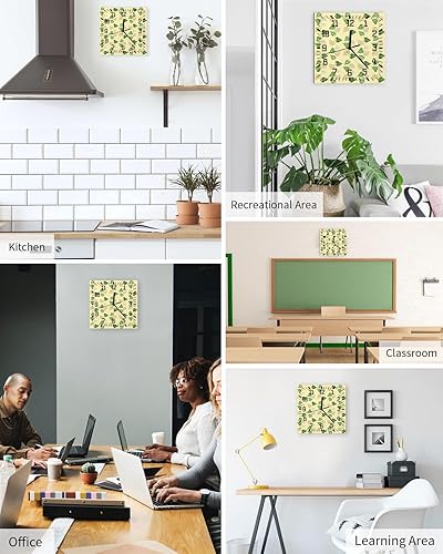 Miniatura 5 de Green Botanical Wooden Wall Clock Silent Non Ticking, Hand Drawn Leaves Square Wall Clock Battery Operated, Decor Clock for Home Office, Living