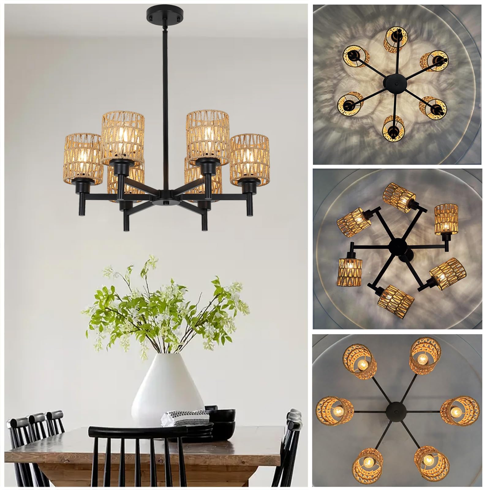 Lampara Araña Techo Negro Vintage 6 Luces, Ratán Boho Luz Colgante para Isla de Cocina Altura Regulable Pantalla de Tejida a Mano E27 Rústica Retro Iluminación de Techo para Comedor Salón Dormitorio