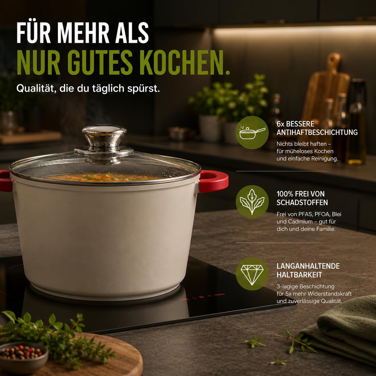 Royal Swiss Suppentopf 6,2 liter Ø24 cm cream white, Antihaft Kochtopf mit Glasdeckel, Abnehmbaren Griffen, Induktion Gas Elektro Keramik Halogen, Backofenfest Ohne Griffe