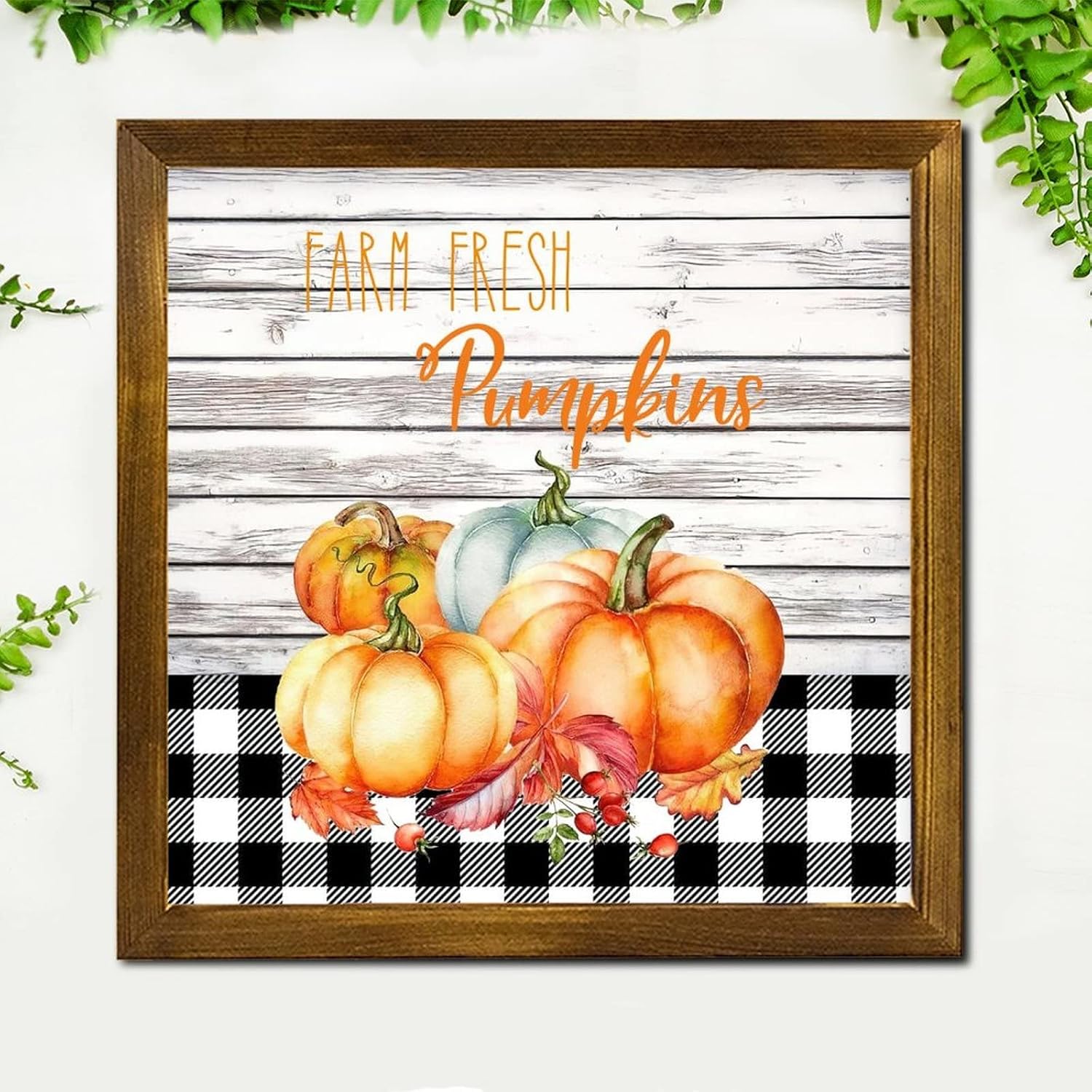 Farm Fresh Pumpkin Wood Framed Sign Thanksgiving Sunflower Buffalo Plaid Wooden Plaque Rustic Harvest Thanksgiving Wood Decor Farmhouse Wall Hanging Plaque for Home Office Bedroom 12x12 inch
