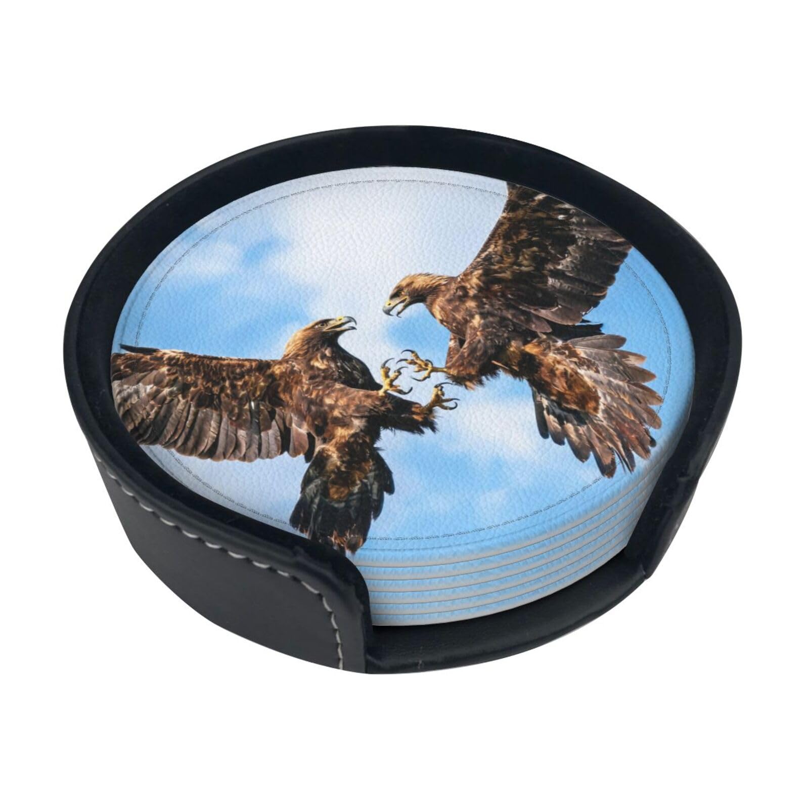 Eagle Fight Sky Leather Coasters-Set of 6 with Storage Holder