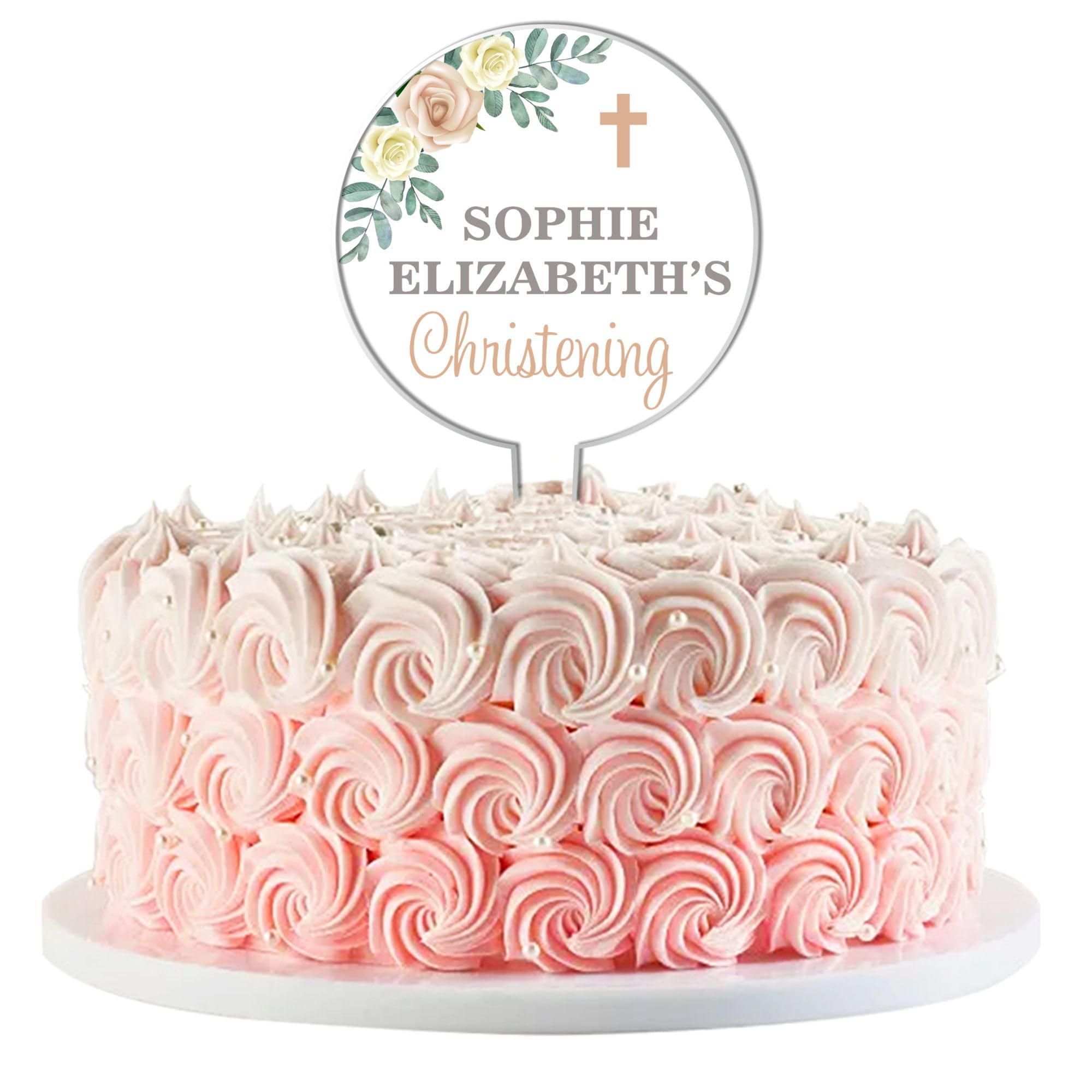 Personalised Religious Cake Topper – Custom Name & Occasion – Christening, Communion or Confirmation – Acrylic Floral Design with Cross – Reusable Printed Cake Decoration (Christening, Cream) — image 1