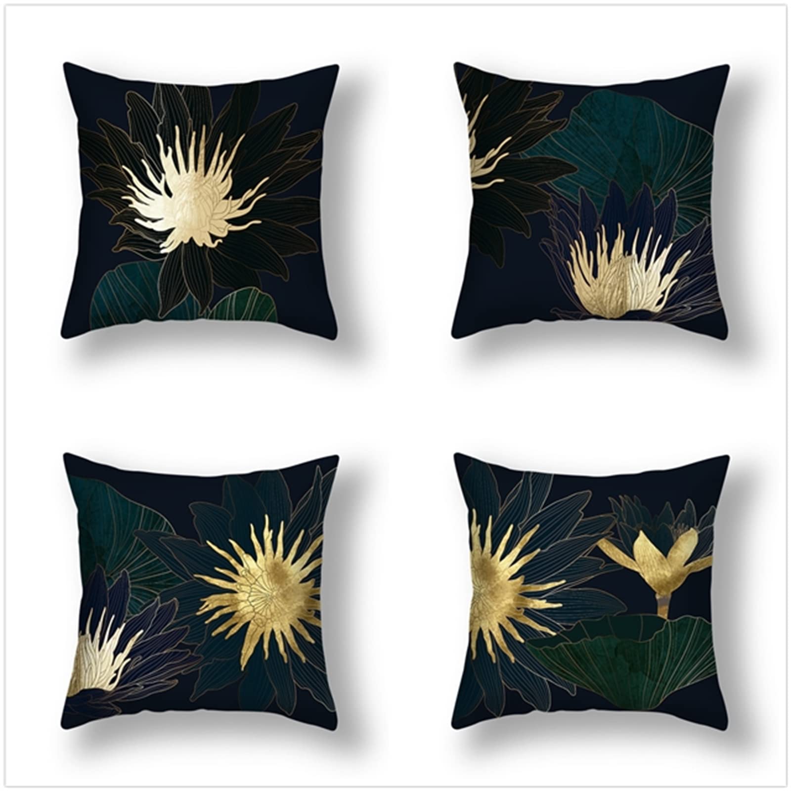 Fundas de Cojín, Funda de Almohada Lino de algodón Decorativa Flor Dorada Moderna con Cremallera Invisible Funda de Cojín 50x50cm, Juego de 4 Funda de Cojines para Sala de Estar Sofás