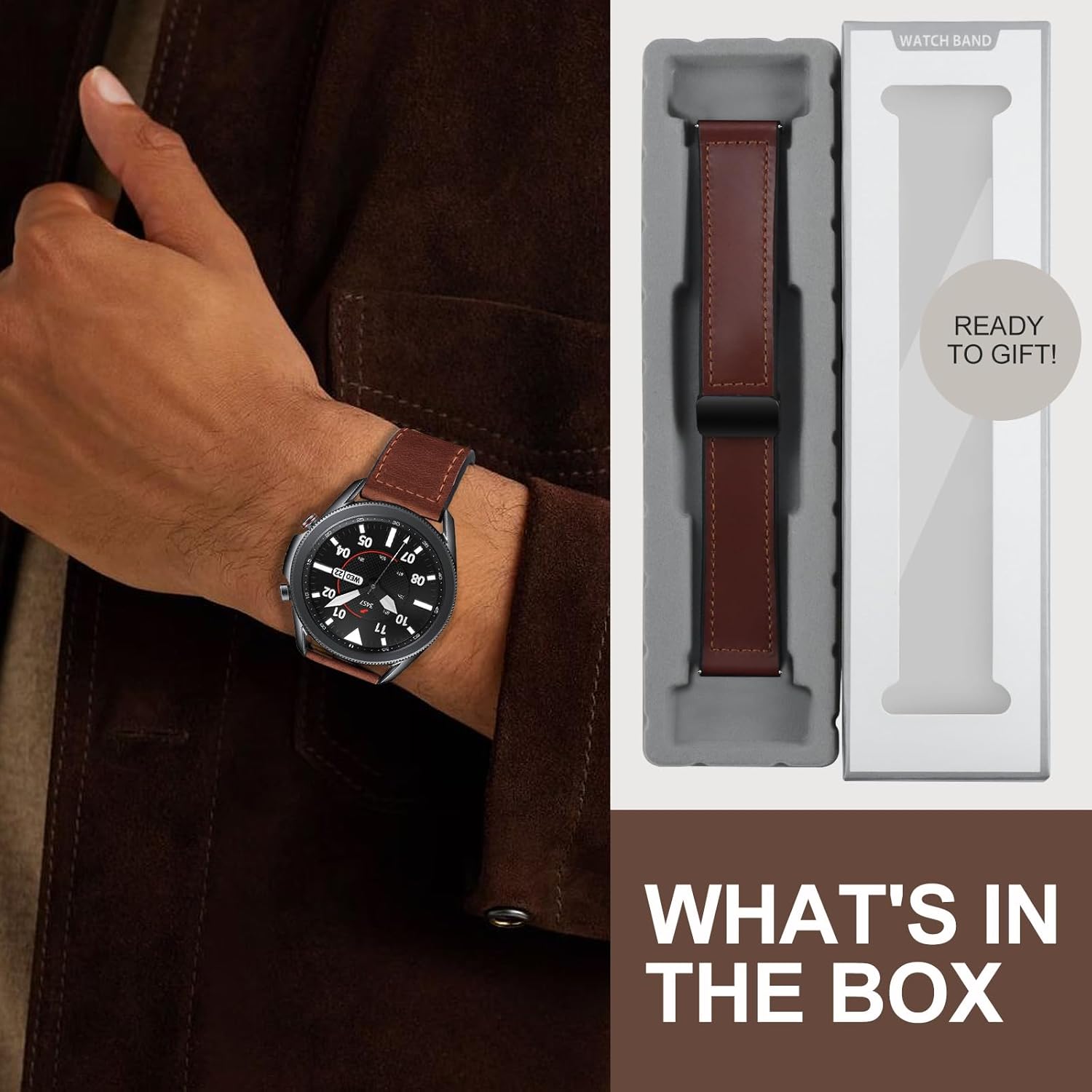 Magnetic Leather Band Compatible with Samsung Galaxy Watch 3 45mm/Galaxy Watch 46mm Bands/Gear S3 Frontier, Quick Release 22mm Strap Replacement Wristband for Men Women - Image 9