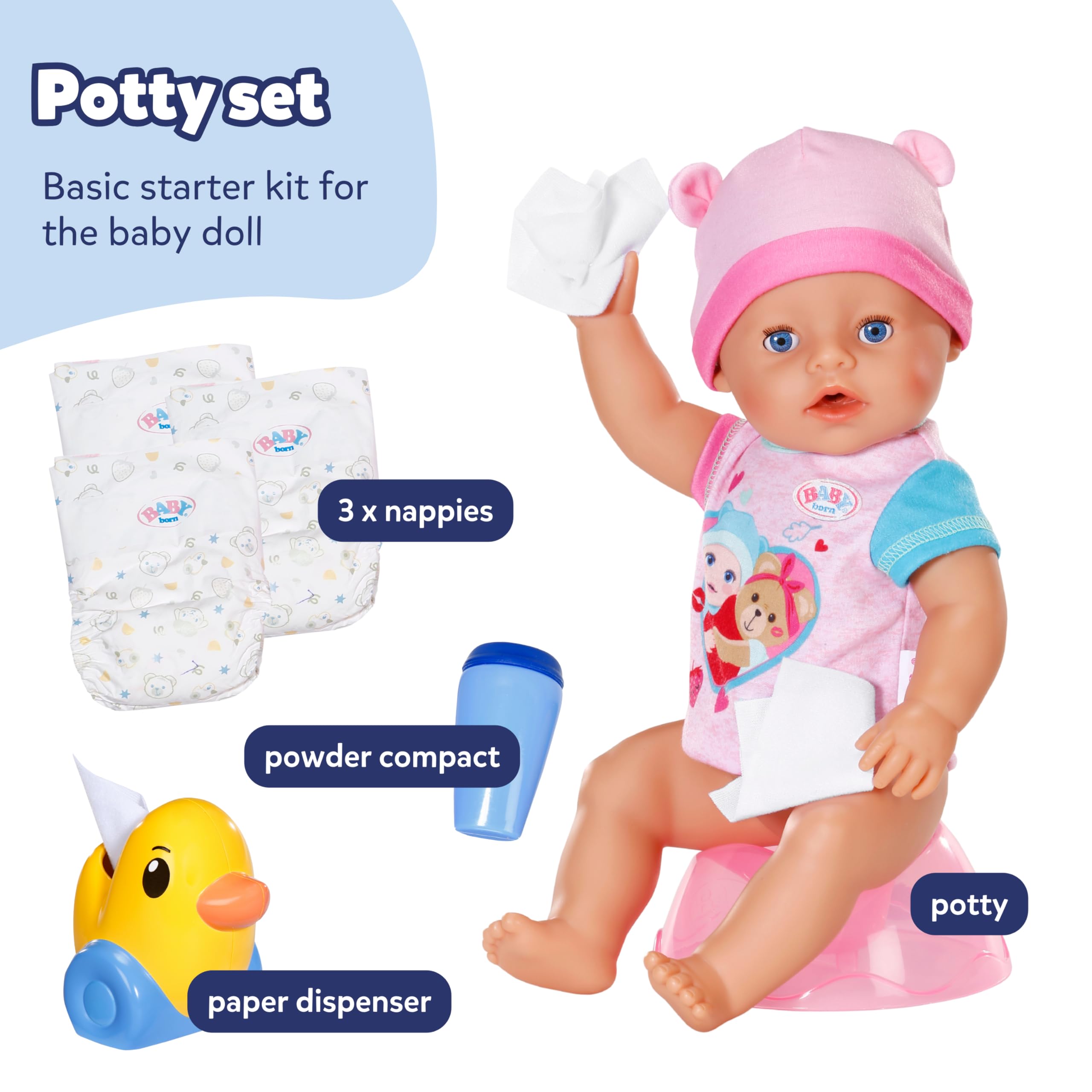 BABY born Potty Set - Includes Diapers, Cream Jar & Duck Berta as Tissue Dispenser Doll Accessory - For Dolls Sized 36 cm & 43 cm, Pink - Image 2