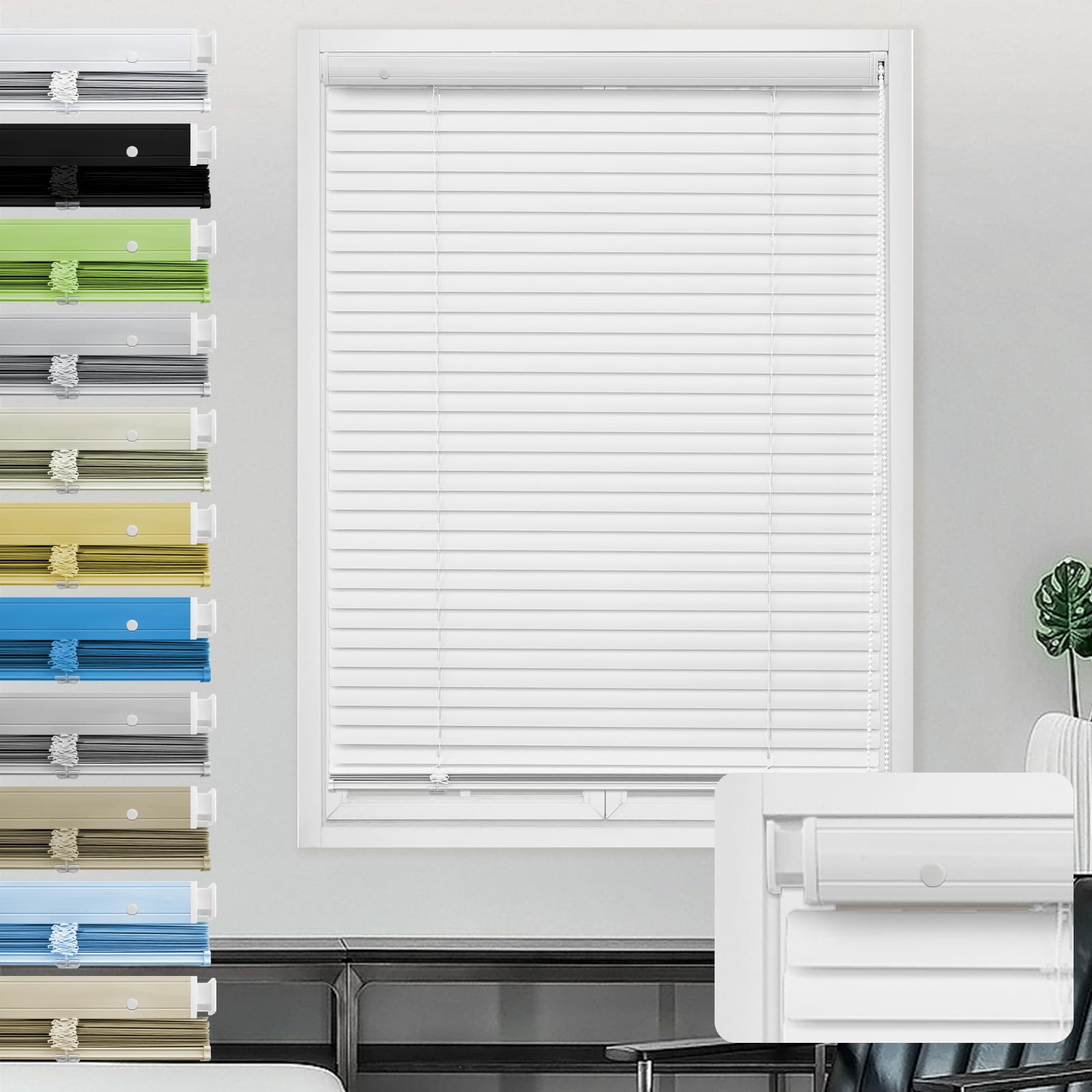 Moonice Aluminum Venetian Blinds No Drill No Tools Window Venetian Blind Color-Matched Horizontal Shade 25mm Slats Waterproof Shades for Office Home Interior Door (White,60cm W x 220cm H)