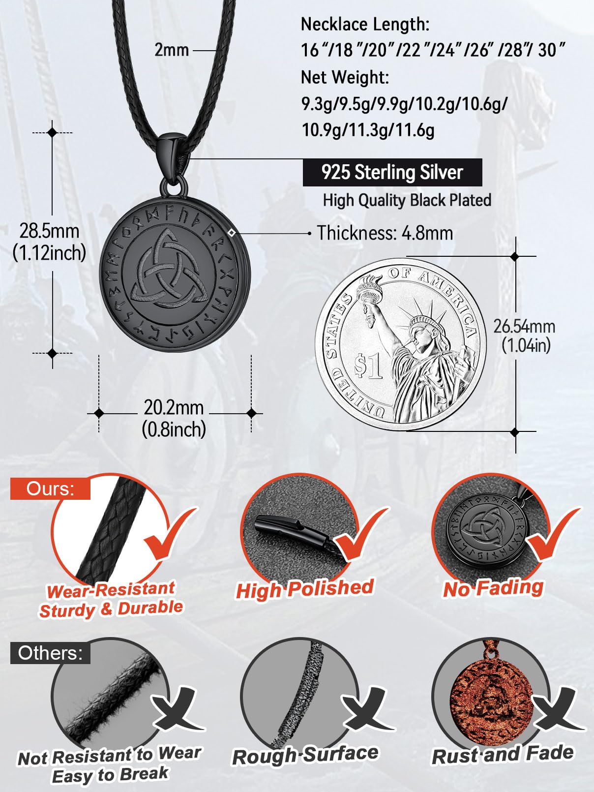 FaithHeart Spersonalizowany medalion ze zdjęciem dla mężczyzn i kobiet, srebro próby 925, miedziany łańcuszek wikingów Mjölnir z runą/wegwizorem/walknut/celtyckim węzłem / krzyżem świątynnym,