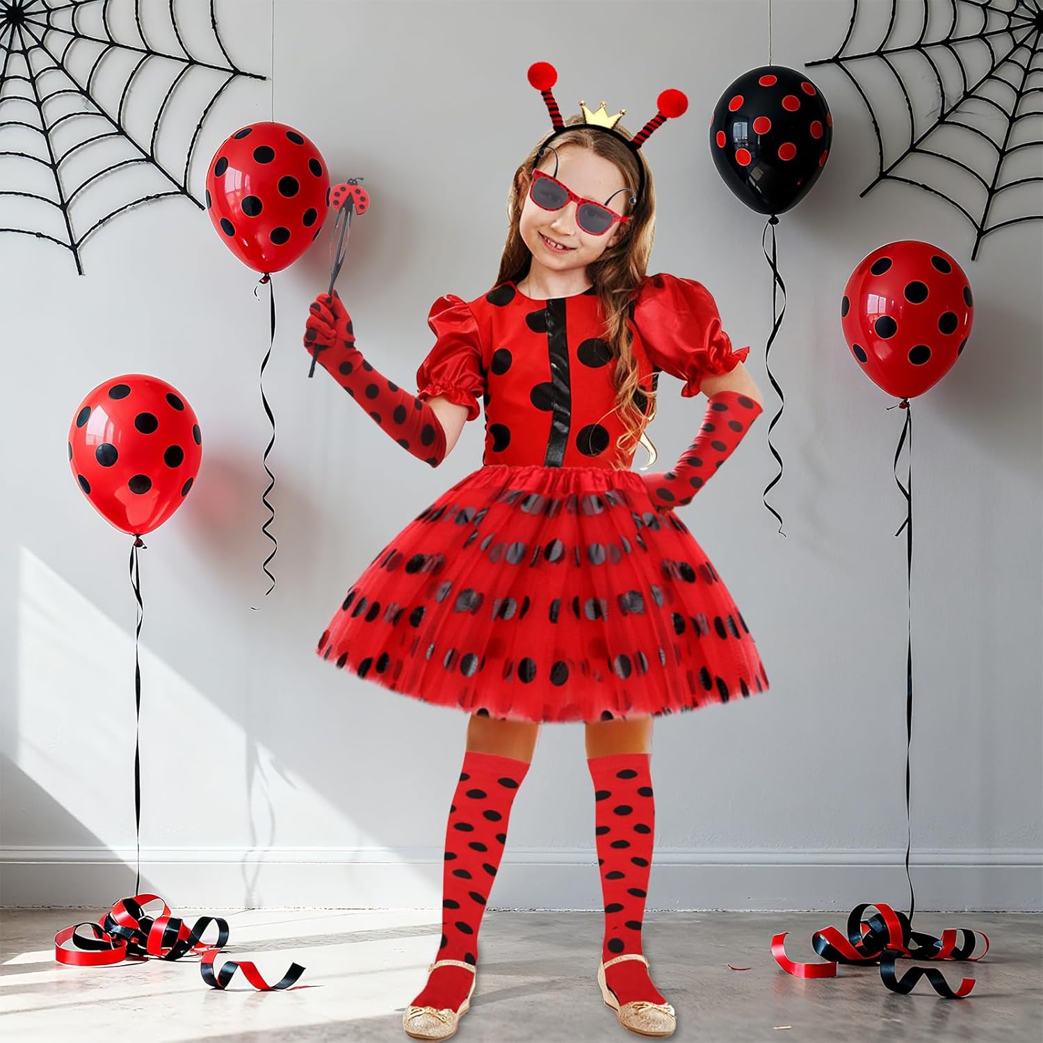 10 PCS Women Ladybug Costume Accessories - Ladybug Headbands Glasses Striped Gloves Tights Tutu for Halloween World Book Week Dress up - Image 4