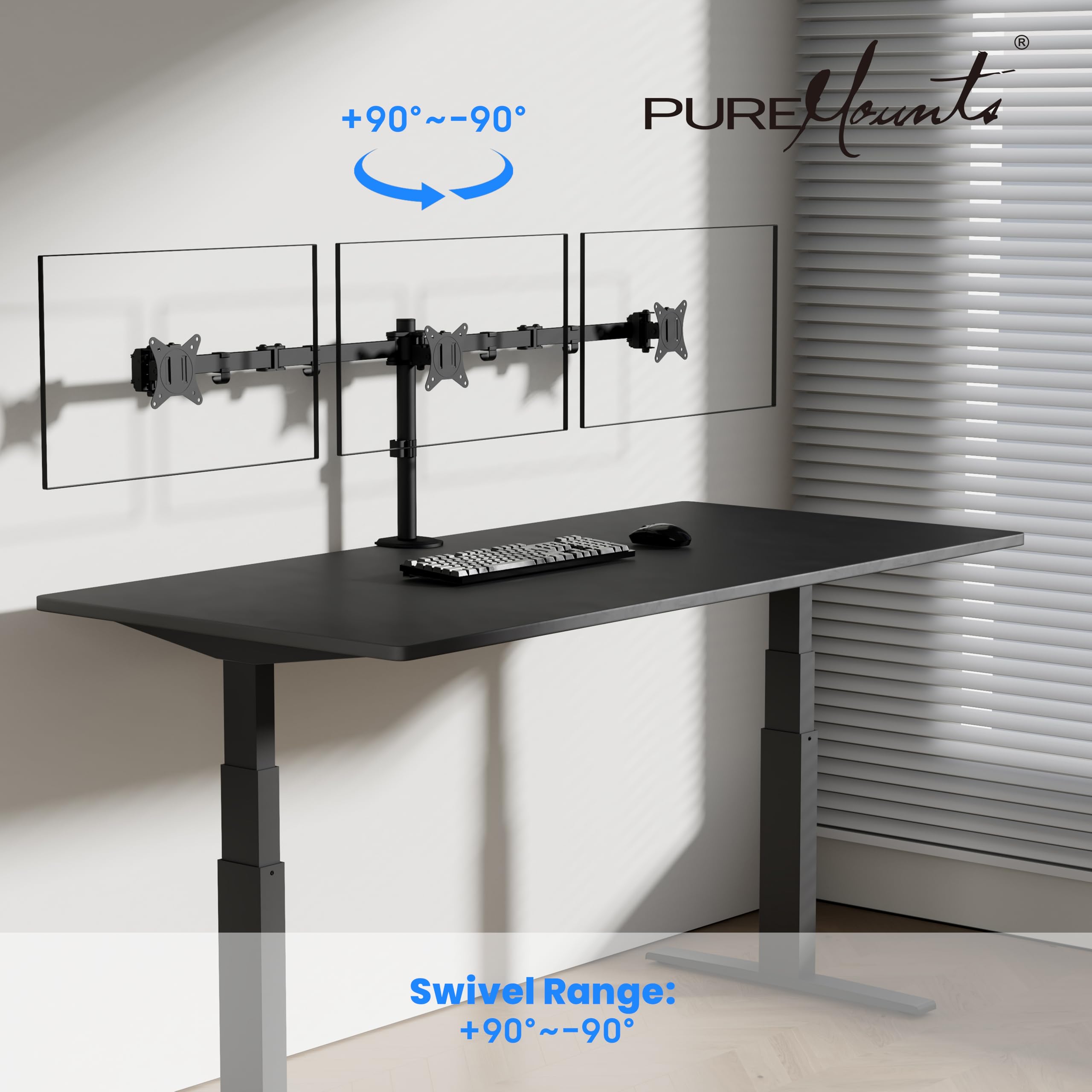 PureMounts supporto per monitor, supporto per monitor per 3 schermi, da 17 a 27 pollici, regolabile in altezza, inclinabile, girevole, VESA 75 e 100, supporto da scrivania, supporto per schermi, nero