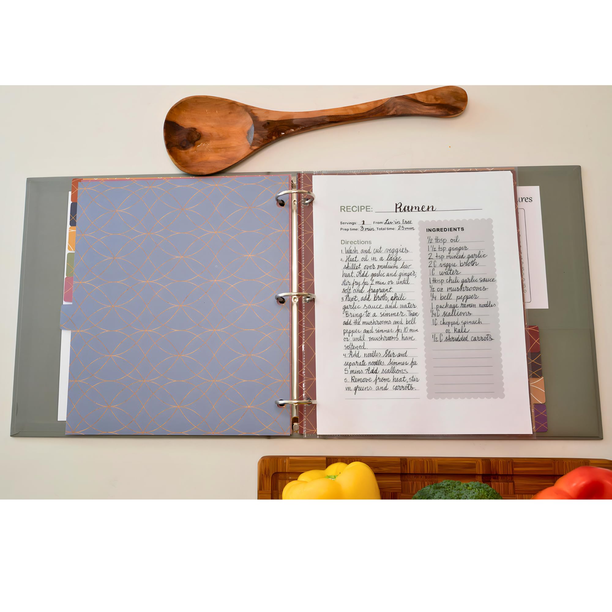 Raccoglitore per ricette con buste in plastica, divisori, libro di ricette verde salvia per scrivere le proprie ricette, raccoglitore per ricette 8,5 x 11 cm, 3 anelli, kit raccoglitore per ricette
