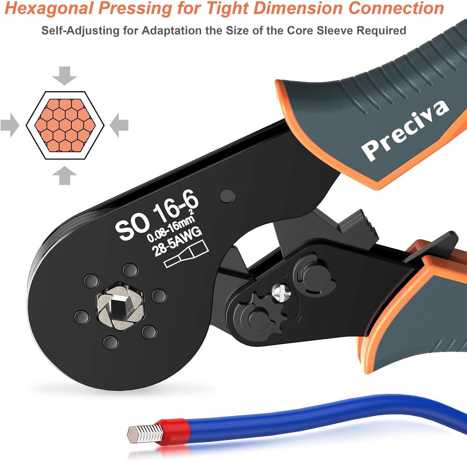 Hexagonal Ferrule Crimper, Preciva Hexagonal Jaw Wire Crimping Pliers AWG 28-5 Self-Adjustable Ratchat Wire Crimping Tools for Wire Terminals Cables End-sleeves
