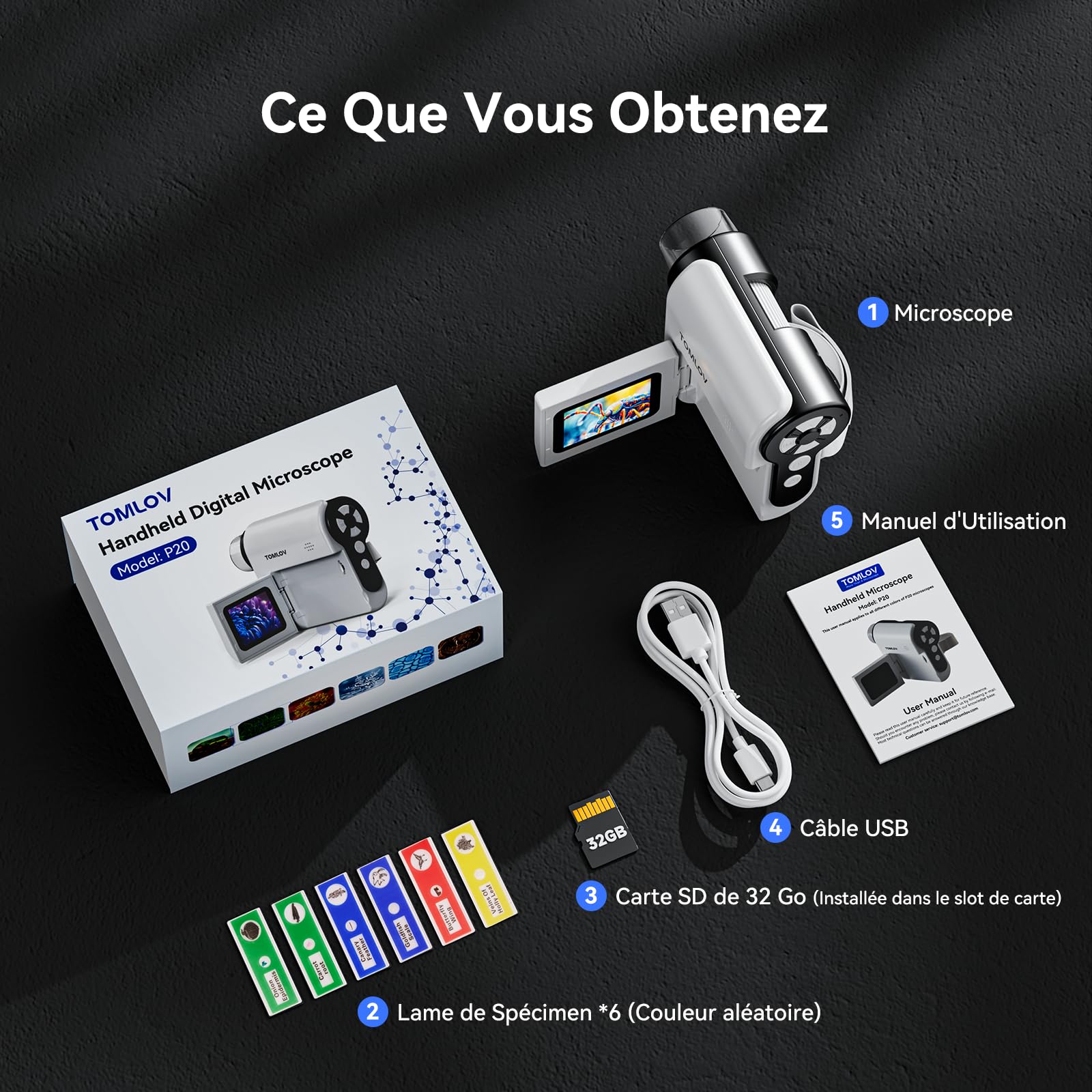 TOMLOV P20 Microscope Numérique Portable Enfants 1080P Écran LCD Pliable 2" 32 Go