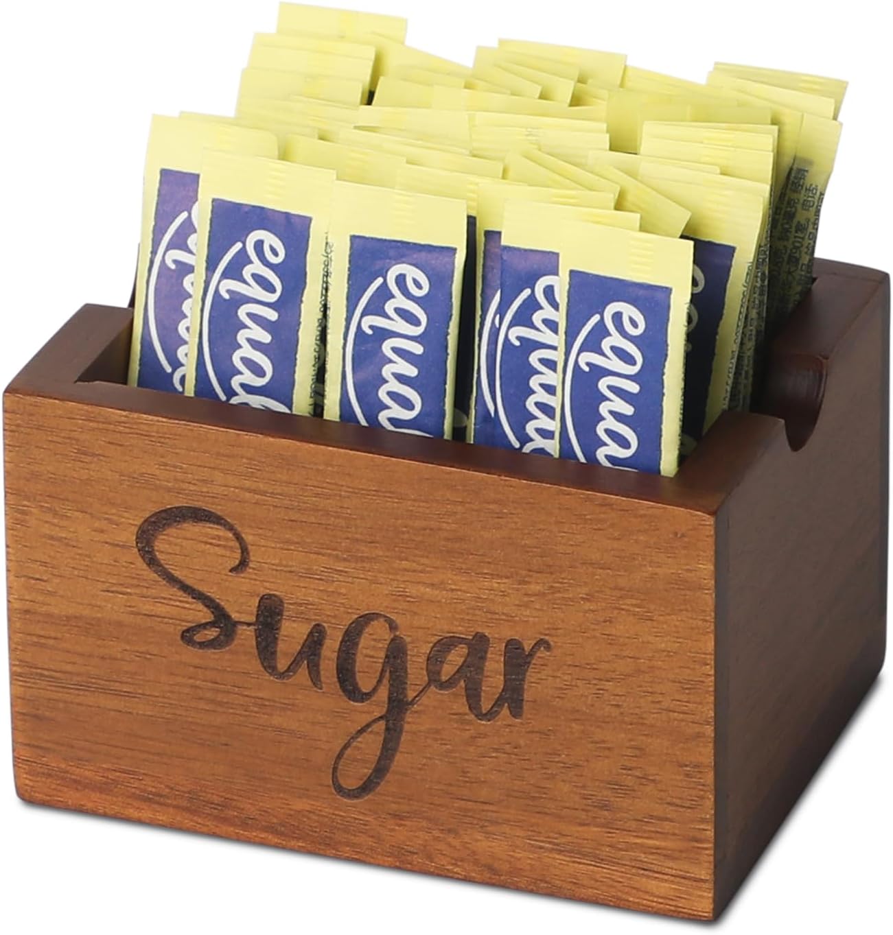 Acacia Wooden Sugar Packet Holder, Farmhouse Tea Bag Caddy Box, Sugar Packets Caddy for Sugar, Beverage Supplies, Sweeteners, Individual Packets (Brown Labeled "Sugar", 4 Inch)