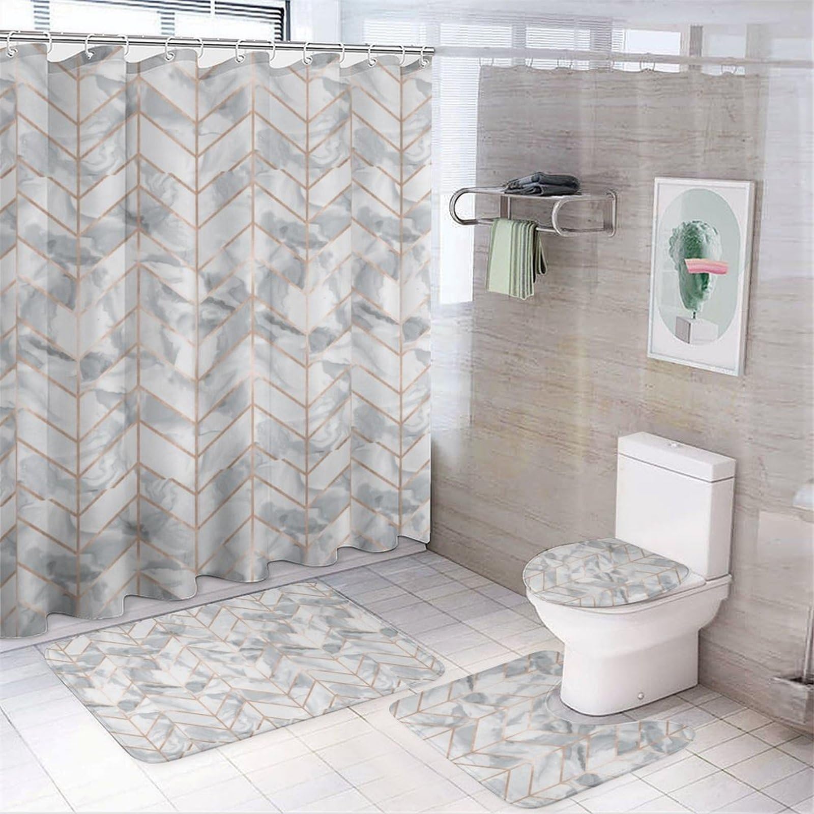 JZemdybill Bathroom Mat Set 4 Piece, Marble Pink Shower Curtain with Non-Slip Bath Mats for Bathroom
