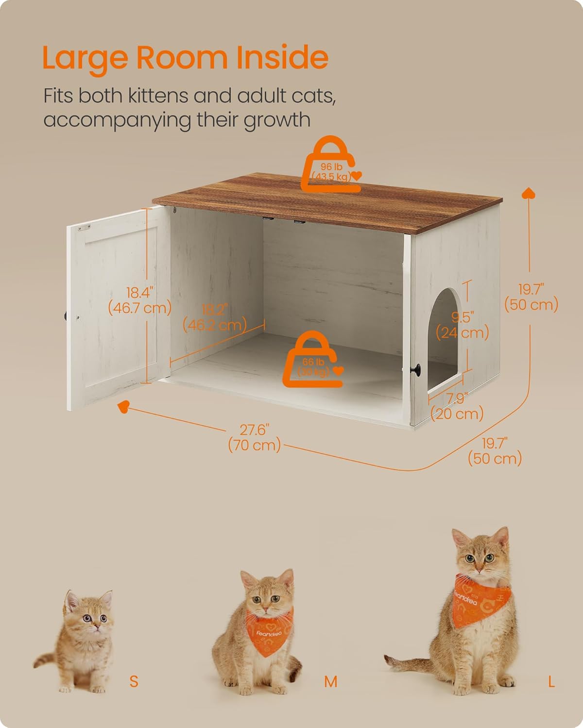 Diagram showing the internal and external dimensions of the Feandrea Cat Litter Box Enclosure, with small, medium, and large cats for scale.