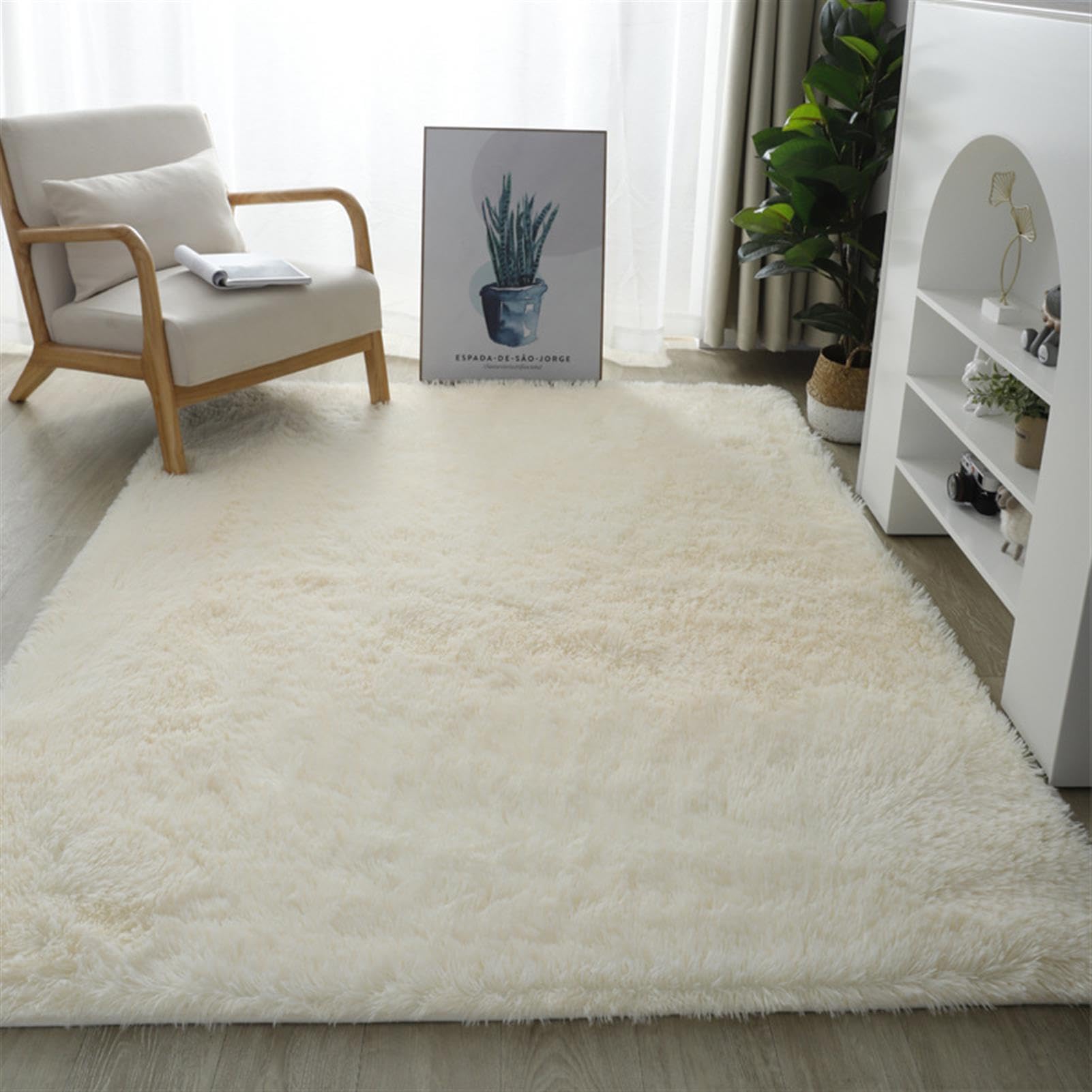 Shaggy Hochflor Teppich Flauschig Langflor Schlafzimmer Teppich rutschfest Weich Beige 80x160cm