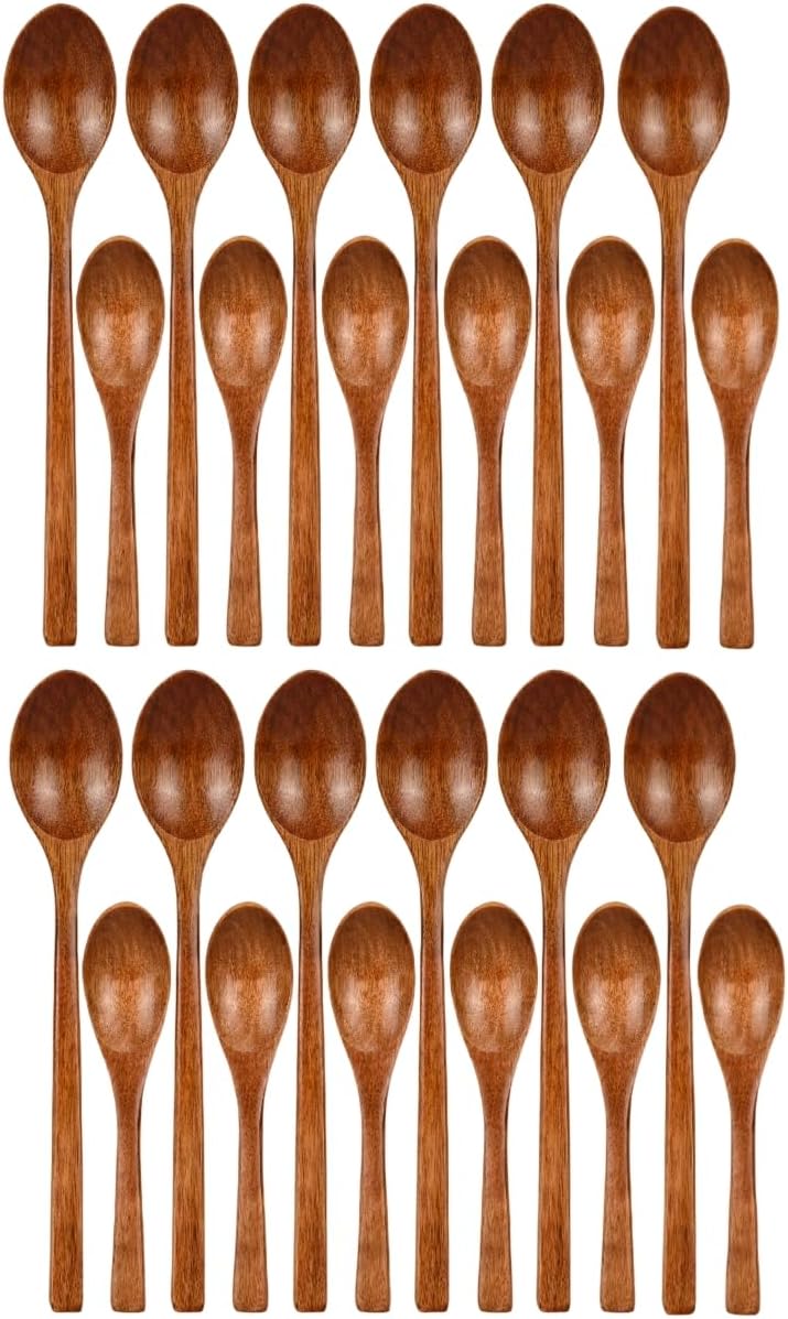Wooden Spoons, 12pcs 9in and 12pcs 6in Soup Spoons Set, Wooden Utensils for Tasting, Serving, Stirring, Mixing, Coffee, Tea, Jam and Bath Salts (12pcs 9in and 12pcs 6in)