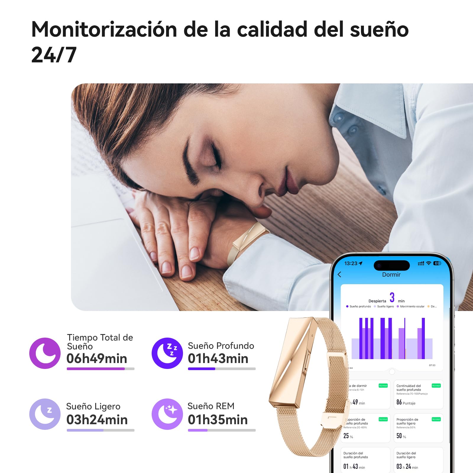 Pulsera de Actividad Deportiva y Elegante sin Pantalla | Monitoreo 24/7 de Actividad, Sueño & Frecuencia Cardíaca, Modo Multideporte, Batería 15 Días, Resistente al Agua IP68