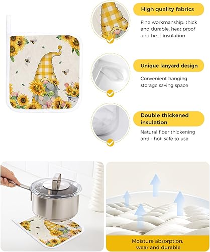 Miniatura 2 de Soportes para ollas de gnomo de girasol para cocina, manoplas calientes de primavera con diseño floral y salvamanteles con bucle de aislamiento