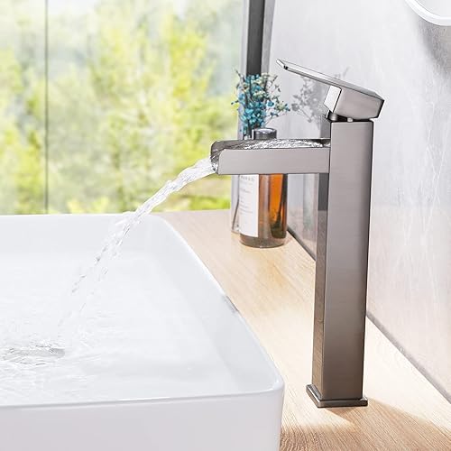 Miniatura 5 de Grifo de baño en cascada, grifo de lavabo de una sola manija, con drenaje emergente, grifo de lavabo, grifo mezclador de lavabo con cubierta y