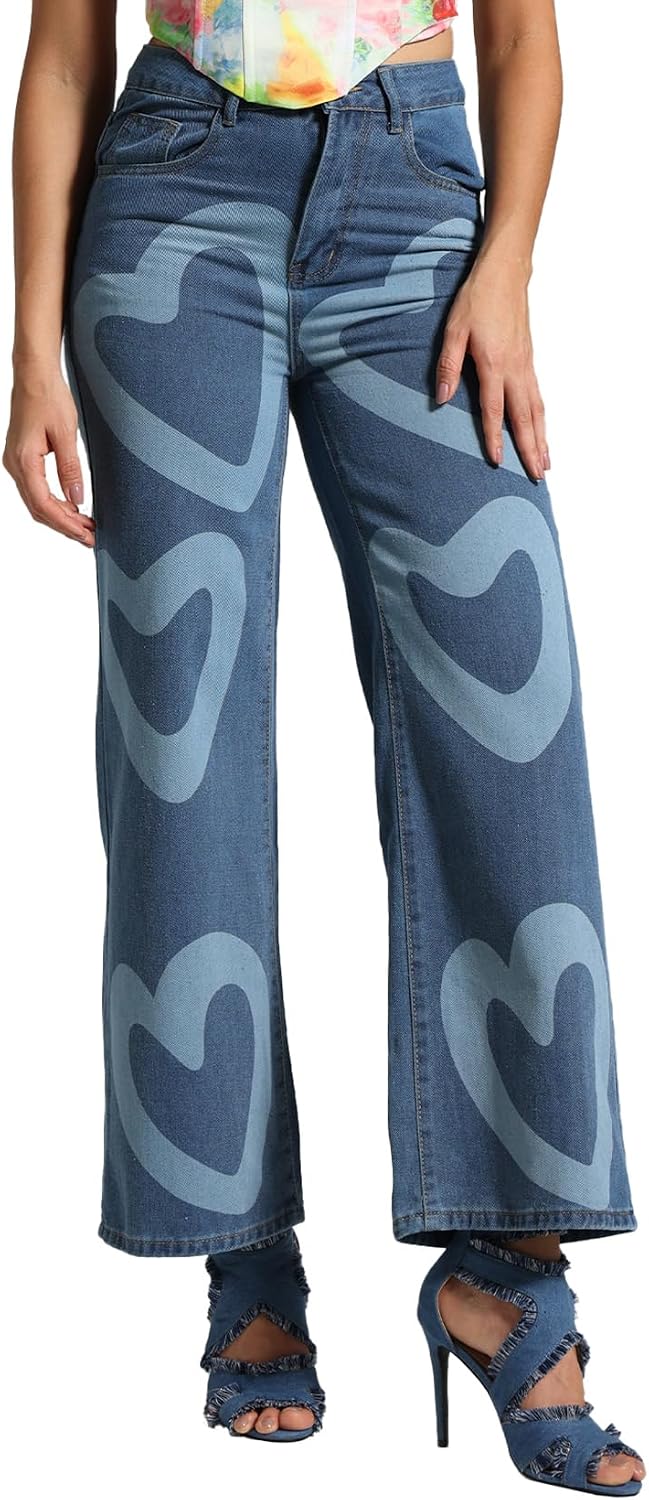 BELLA BARNETT Blue Stretchy Jeans for Women Hearts Print Jeans Baggy Jeans Wide Leg Jeans Womens Jeans Trendy Fall Jeans