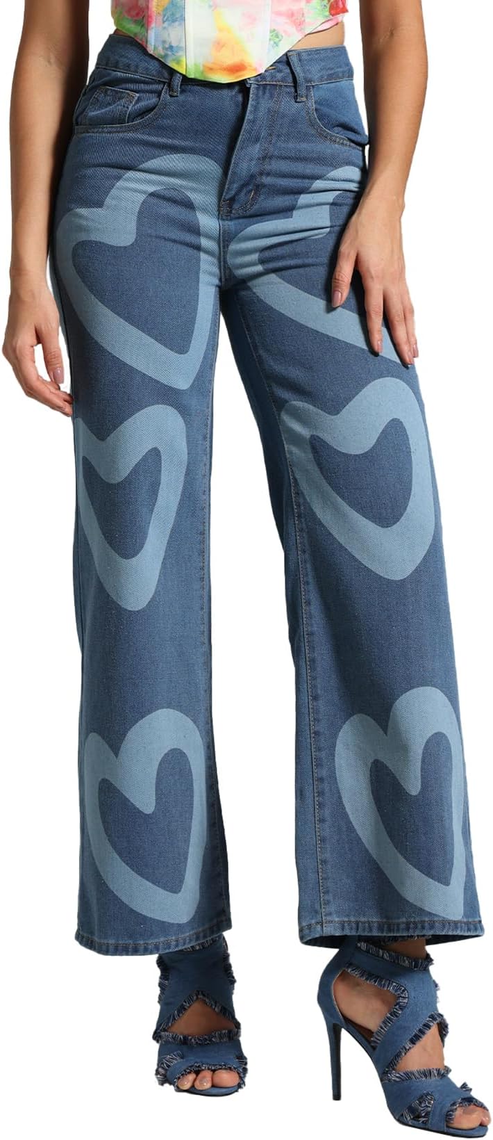Blue Stretchy Jeans for Women Hearts Print Jeans Baggy Jeans Wide Leg Jeans Womens Jeans Trendy Fall Jeans
