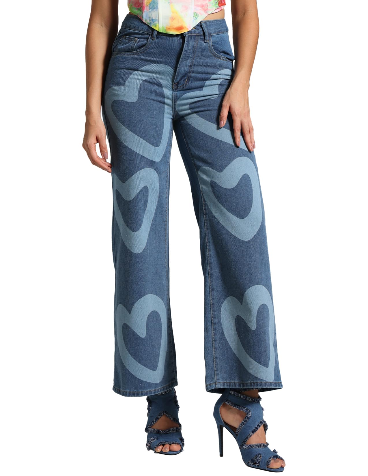 Blue Stretchy Jeans for Women Hearts Print Jeans Baggy Jeans Wide Leg Jeans Womens Jeans Trendy Fall Jeans
