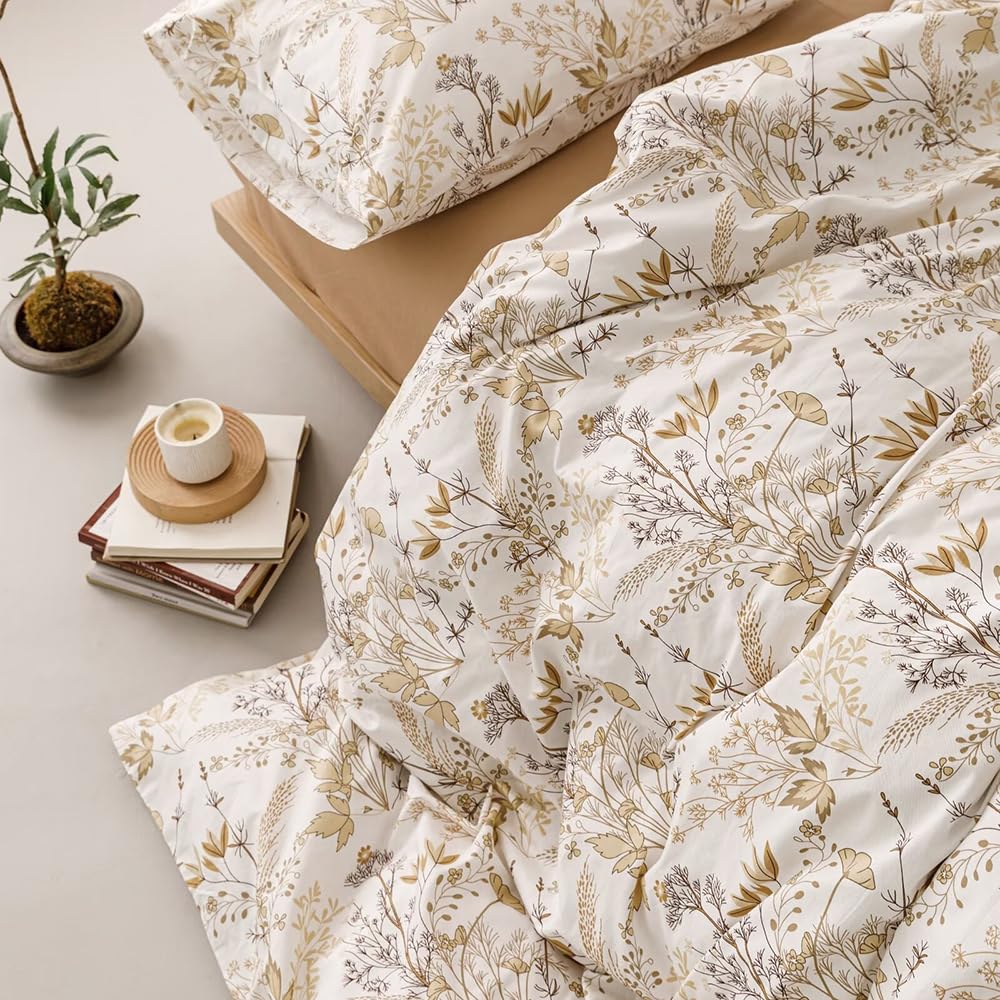 Duvet Cover Cotton King Gold White Leaves Branches Botanical Bedding Set, 1 Aesthetic Golden Leaf Quilt Cover 220x230 cm with Zipper Closure and 2 Pillowcases 50x75cm
