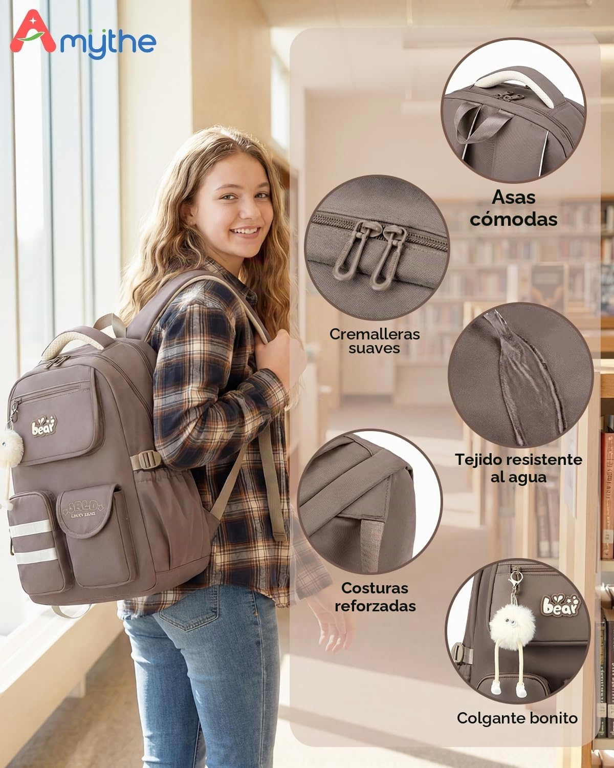 Amythe Mochila Escolar para Niñas Adolescentes, Mochila Colegio Chicas Impermeable Ergónomica, Mochilas Escolares Casual para Portátil 15.6", Apta para Carro, 10-18 Años -Marrón