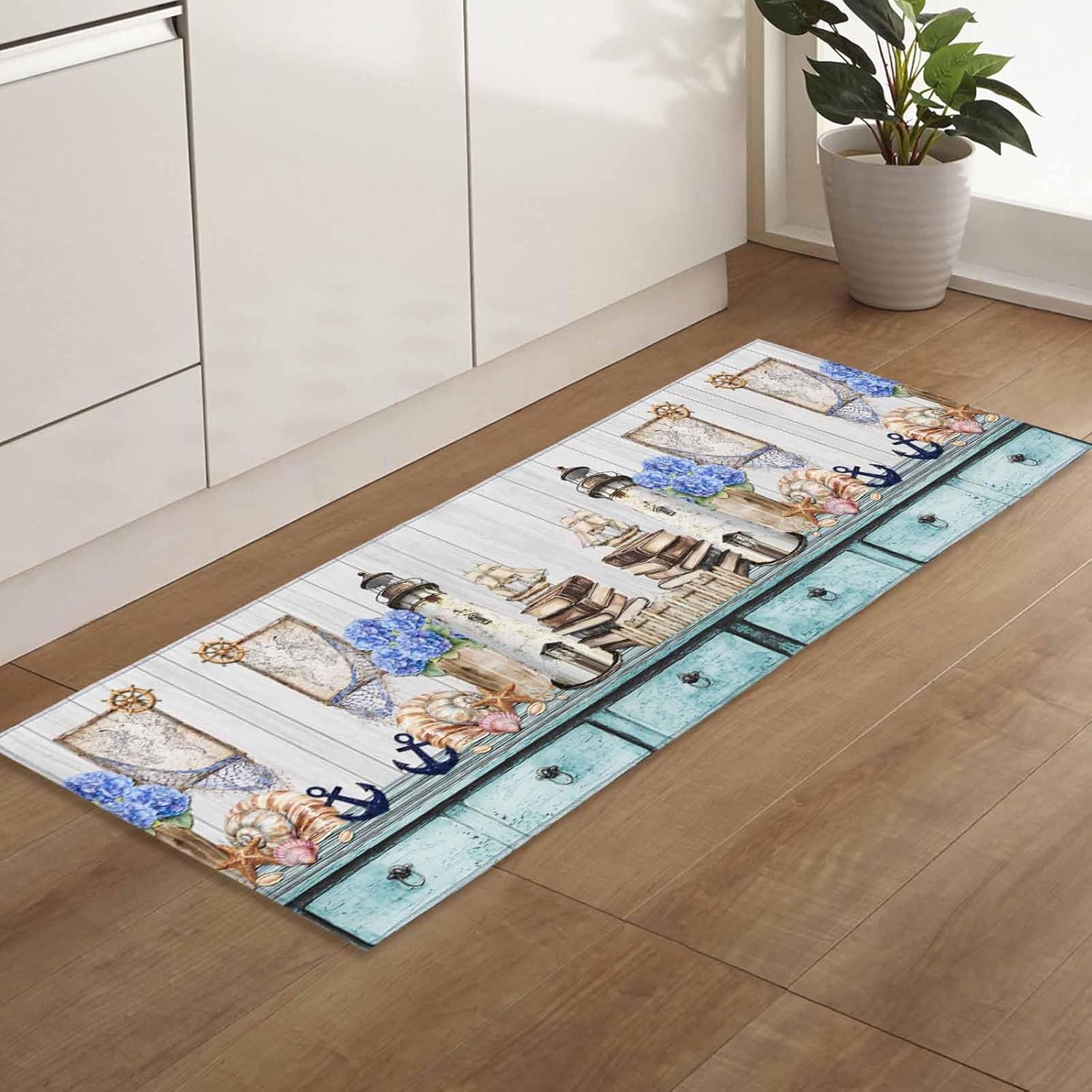 2 Pieces Kitchen Rugs and Mats,Watercolor Retro Lighthouse Flower Book Area Runner Rug Set Non Slip Floor Doormat Washable Carpet Standing Mat for Kitchen Sink Indoor Corridor,Farmhouse Wood Texture