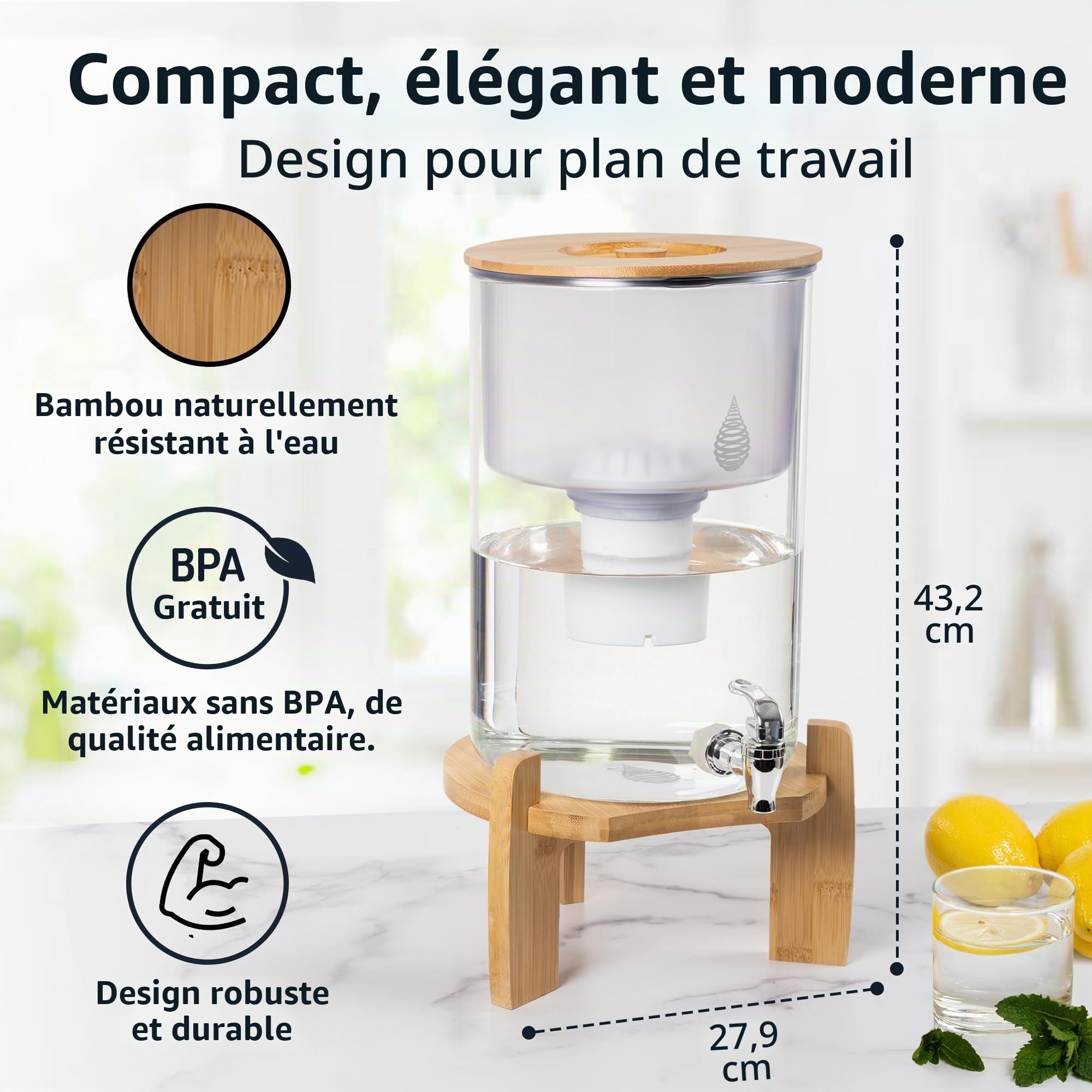 pH RECHARGE - Grand distributeur d'eau filtrée en verre - alcalinisant/ionisant - purifie/adoucit/apporte des minéraux/élimine chlore et polluants/augmente le pH - modèle 2020-9 l
